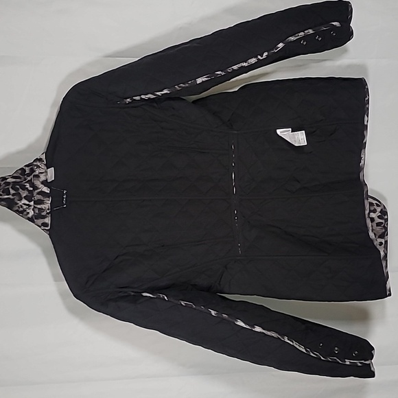 Chico's Size 0 Quilted Snow Leopard Jacket Black Animal Print Winter - Picture 6 of 9